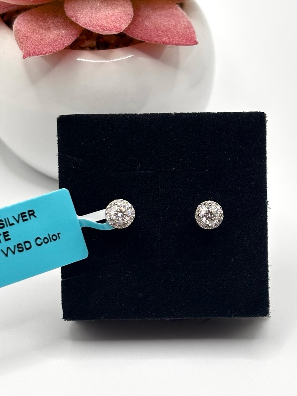 Genuine moissanite sterling silver studs with halo